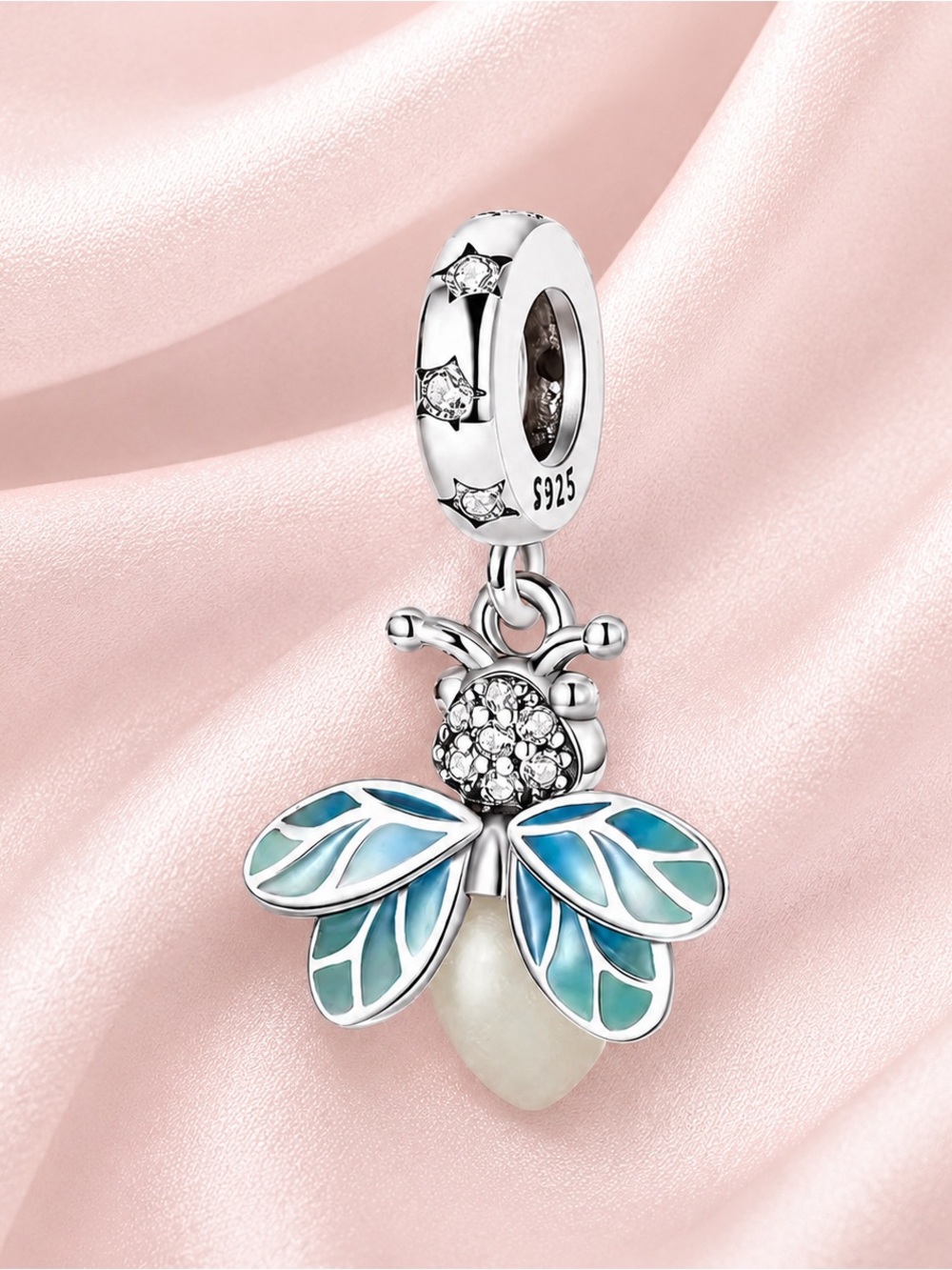 Sterling Silver Blue Enamel Bee Dangle Charm Bracelet Pendant